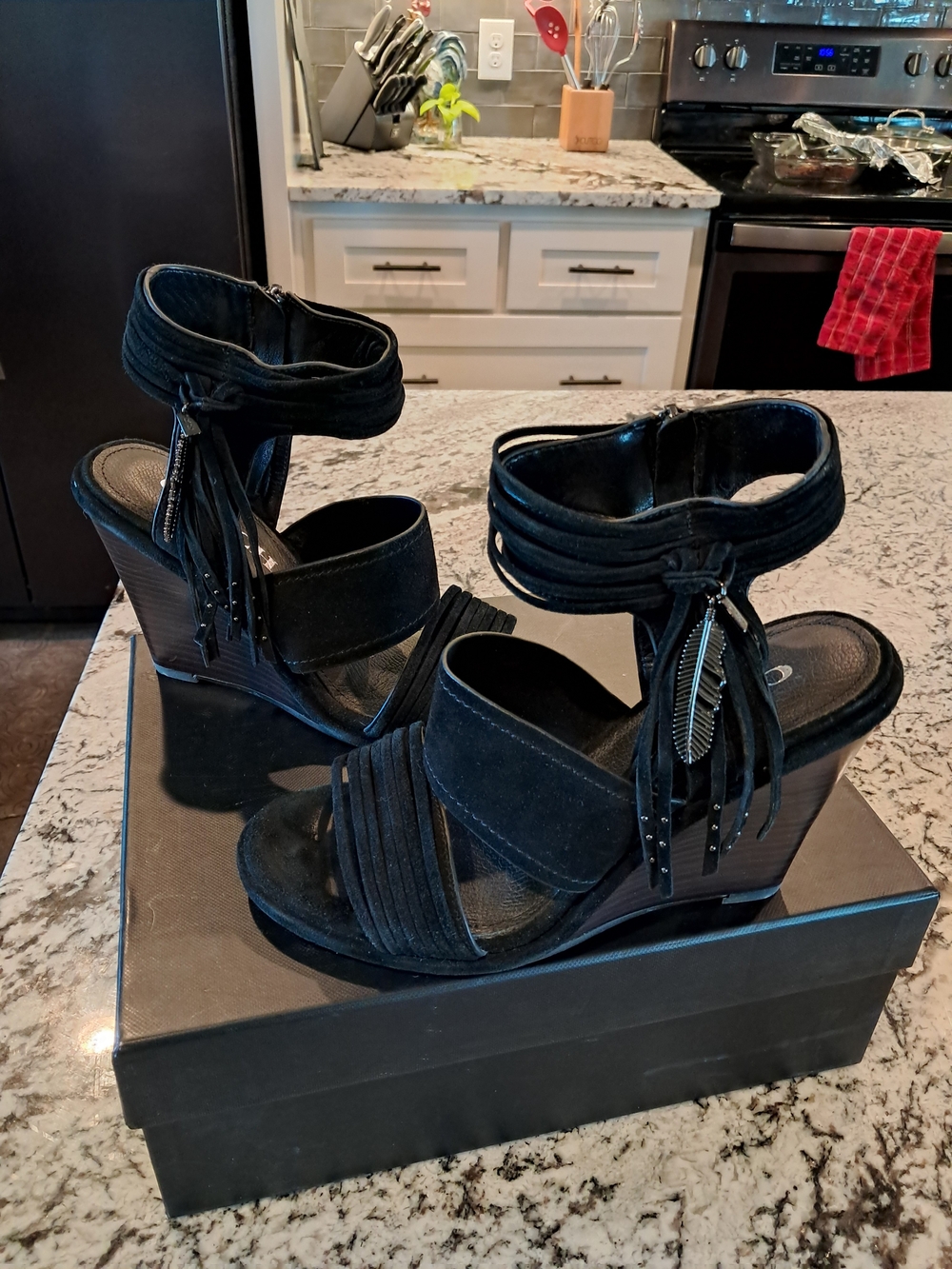 Coach Black Suede Wedge Sandals with Tassel Ankle Strap
